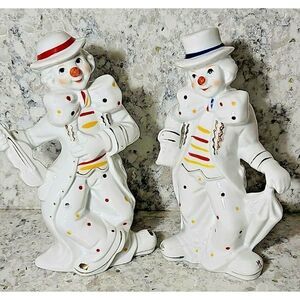 Sophia‎ Ann Ceramic Collectable Clowns Vintage Set of 2 White Happy 7.5"-8"